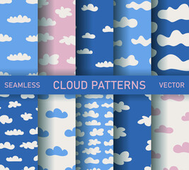 Set of seamless vector cloud pattern. Collection of stylish sky backgrounds for design, fabric, textile etc.	