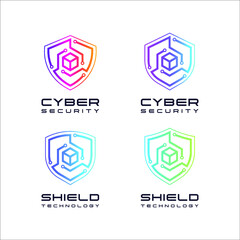 Cyber Security Shield and Data Hosting center Logo design with Linear Dots for Digital Technology