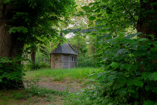 Spring landscape with view of Sint Rosa Kapel in evening, The Sint-Rosakapel is a chapel in Sittard in the Dutch province of Limburg, Netherlands, Situated in the southernmost borders the Germany.
