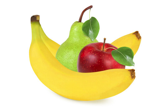 Apple, banana and pear on an isolated white background. Green pear, yellow banana and red apple.