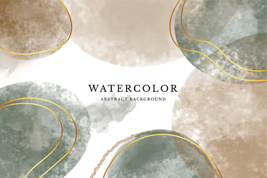 Watercolor art background wallpaper design with paint brush and gold line art.
