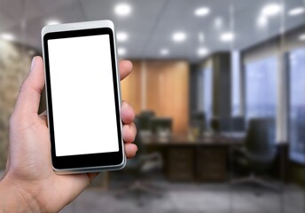 Smart home concept.  Woman holding mobile phone on home interior background. Internet of things, comfort in house