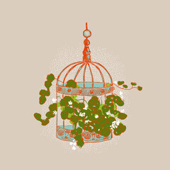 Vector Illustration Of A Birdcage With Plants Inside - 508038369
