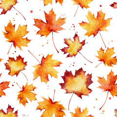Naklejka na ściany i meble Watercolor seamless pattern with autumn maple leaves isolated on white background.