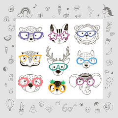 Animal funny faces with trendy glasses vector illustrations set