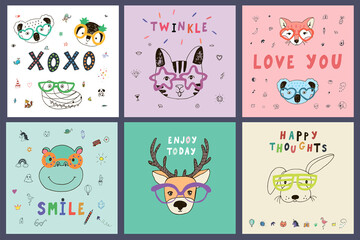 Animal funny faces with trendy glasses vector illustrations prints set