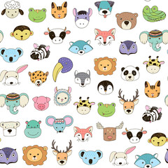 Animal funny faces vector seamless pattern