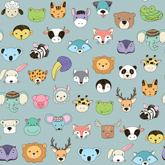 Animal funny faces vector seamless pattern