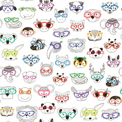 Animal funny faces with trendy glasses vector seamless pattern