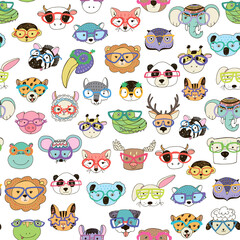 Animal funny faces with trendy glasses vector seamless pattern