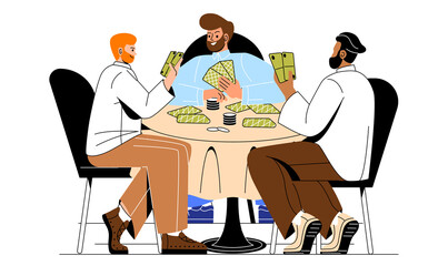 Relaxing together at leisure time. Men play poker, gambling. Characters rest after work, card games for intelligence and logic. Friends rest in room, weekend. Cartoon flat vector illustration