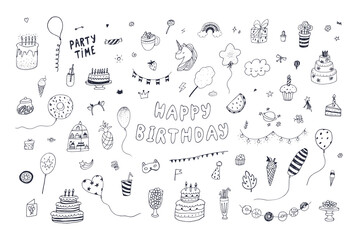 Birhday unicorn celebration vector line illustraions set