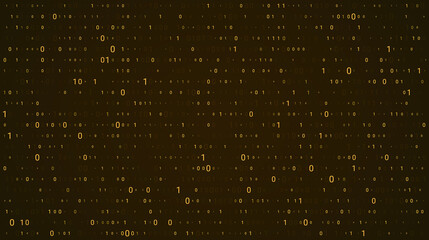 Abstract binary background for hackathon and other digital events. Gold fallen zero numbers with matrix effect on futuristic background.