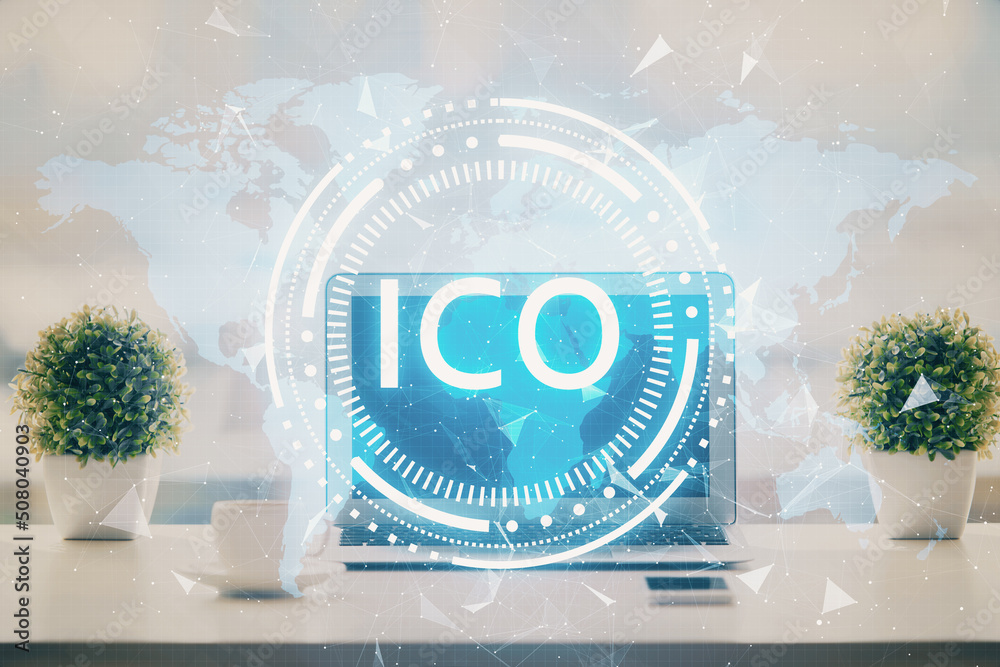 Poster double exposure of blockchain and crypto economy theme hologram and table with computer background. 