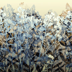 Inflorescences and buds of spring flowers seamless border. Digital art with mixed media texture - watercolour, acrylic. Endless motif for packaging, scrapbooking, textiles, decoupage paper.