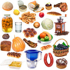 set of different foods and drinks isolated on white background