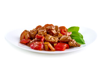 Meat stew, goulash with sauce, isolated on white background.