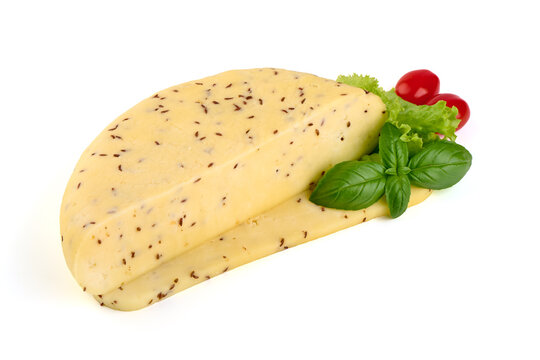 Traditional Latvian homemade cheese with cumin seeds for annual Latvian festival celebrating the summer solstice Ligo holiday. Isolated on white background.