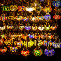 Stained glass lamps, and colorful oriental craft products in the traditional east bazaar