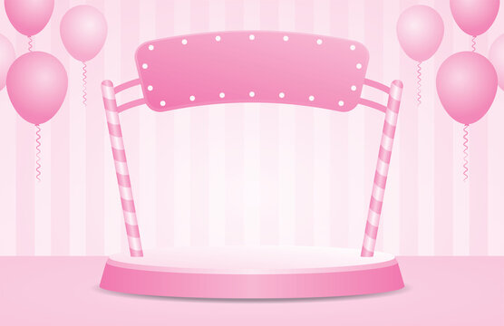 Cute Pink Podium Display Stage With Arch Light Bulb Sign And Balloons 3d Illustration Vector On Sweet Pastel Pink Striped Wall For Putting Your Object