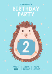 Cute hedgehog boy with the number 2. An invitation to a children's birthday party. 2 birthday illustration.