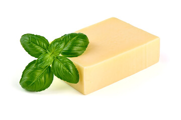 Edam cheese block, isolated on white background.