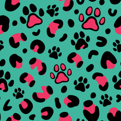 Leopard print with paw of dogs and cats. Cat paw pattern. Camouflage leopard vector seamless pattern on green background. Leopard skin texture. 