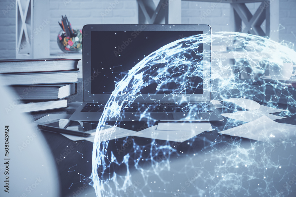 Poster Computer on desktop with social network theme icon. Multi exposure. Concept of international connections.