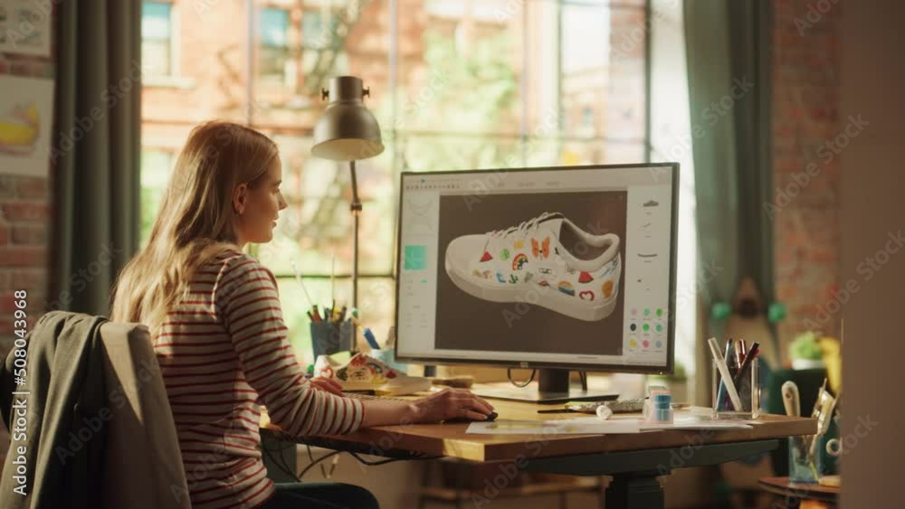 Leinwandbilder young female art director examining 3d model of shoe while working at desktop computer at home. arti