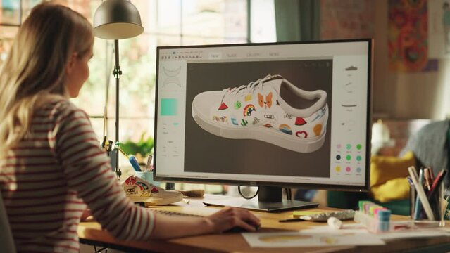 Progressive Teen Female Designer Choose Colours and Patterns while Modelling 3D Shoe at her Professional Desktop Computer. Woman Creating, Designing a New 3D Model in CAD Program. Freelance Work
