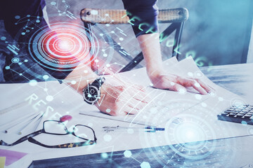 Writing man with technology icons. . Double exposure. Network and data concept.