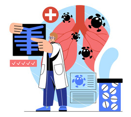 Sections of medicine. Man holds x ray and shows lung diseases. Doctor makes diagnosis and chooses best treatment methods. Bronchial study and scientific research. Cartoon flat vector illustration