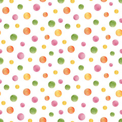 Watercolor colorful dots seamless pattern. Red, green, yellow, pink polka dot repeated tile isolated on white background. Bright merry confetti spot ornament. Round paint shapes drawing.