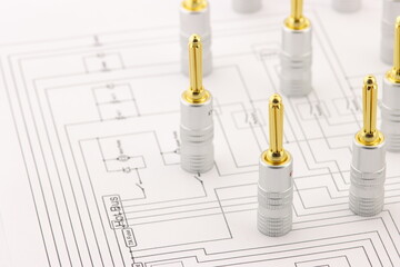 Connectors for connecting audio wires to amplifiers in the electrical diagram.