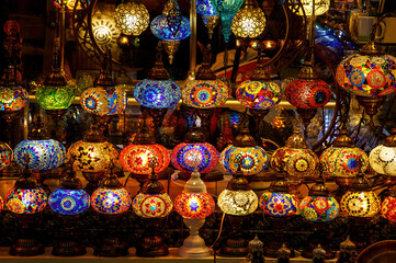 The set of traditional vintage Turkish lamps. Arabic lanterns background.