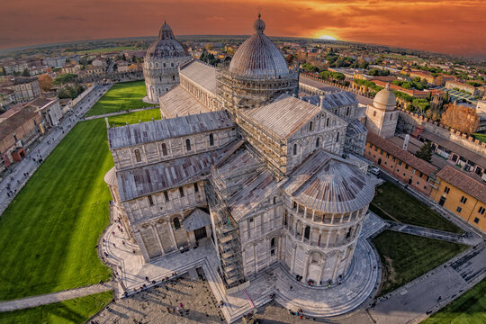 Pisa cathedral dome sunset aerial unusual view from leaning tower