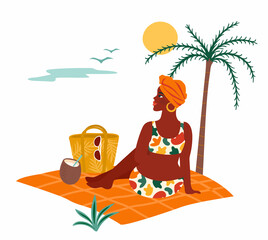Vector illustration of woman in swimsuit on tropical beach. Summer holliday, vacation, travel. Design element