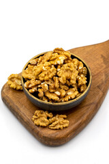Walnut on white background. Close-up walnut kernel