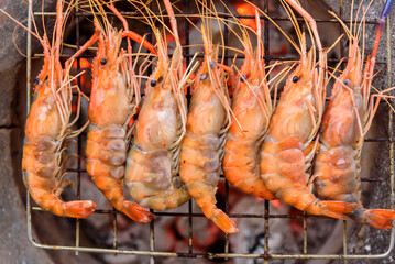 top view of Grill the  shrimp on stove   