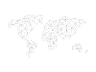 World map with connected triangular shapes. Low poly continents line drawing symbol. Earth globe with polygonal elements. Vector illustration isolated on white background.