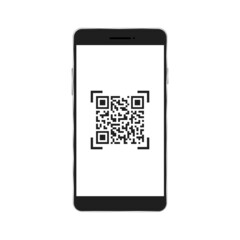 Smartphone with scan QR code. Realistic black phone scanning barcode. Vector isolated on white.
