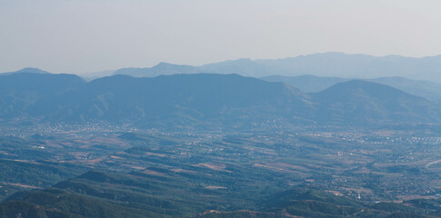 Aerial view of Tirana and layered mountains from Dajti mountain in Albania. Tirana, Albania