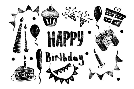 Birthday. Collection of illustration with cake, balloon, candle, gift, tinsel. A set of simple, fun, vector illustrations. Happy birthday greeting. Patterns and backgrounds. For poster, cover, banner.
