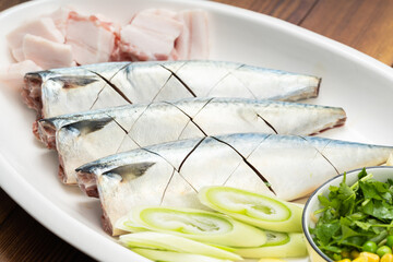 Special Chinese food home-style braised mackerel and ingredients