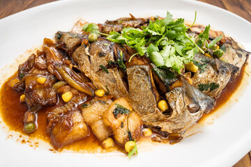 Special Chinese food home-style braised mackerel and ingredients
