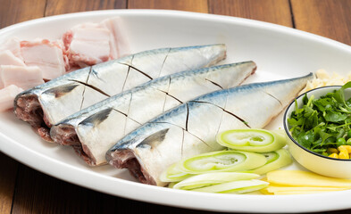 Special Chinese food home-style braised mackerel and ingredients