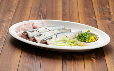 Special Chinese food home-style braised mackerel and ingredients