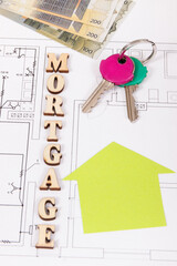 Inscription mortgage, currencies euro and keys on construction diagrams of house