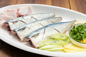 Special Chinese food home-style braised mackerel and ingredients
