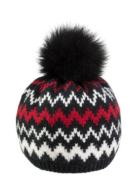 winter knitted white-black-red hat with a pompom on a white background isolated